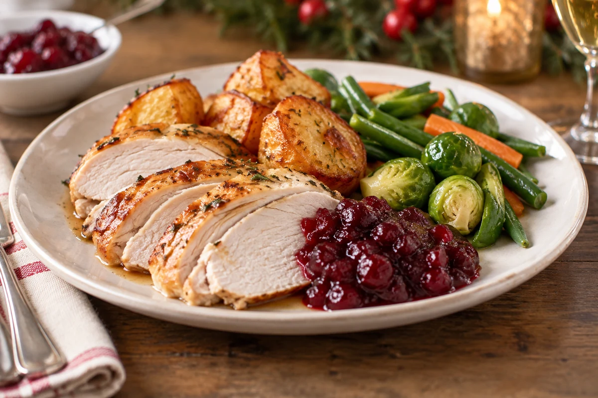 Tranches de dinde rôtie accompagnées de sauce aux cranberries, de pommes de terre et de légumes