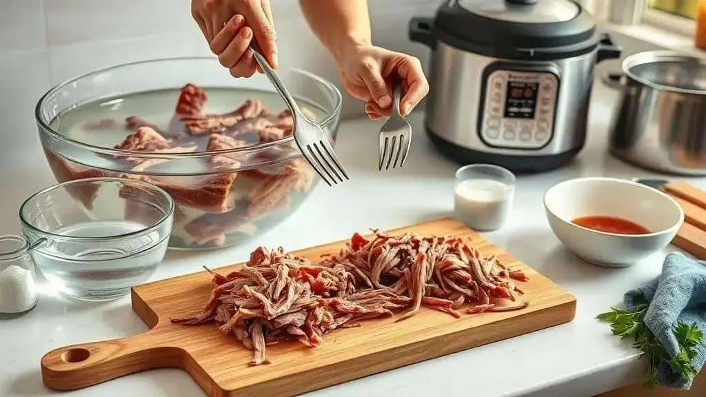 Bœuf cuit effiloché sur une planche, avec deux fourchettes.