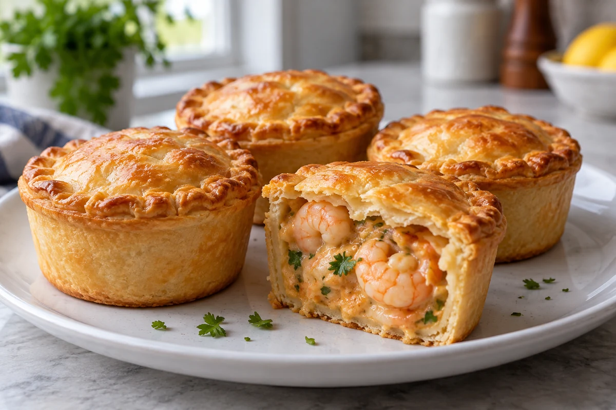 Petites tourtes brésiliennes dorées, dont une ouverte sur une garniture crémeuse aux crevettes