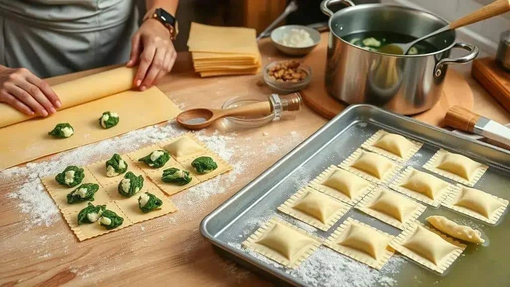 Préparation de raviolis : pâte étalée, portions de farce et pièces fermées sur une plaque Préparation de raviolis : pâte étalée, portions de farce et pièces fermées sur une plaque