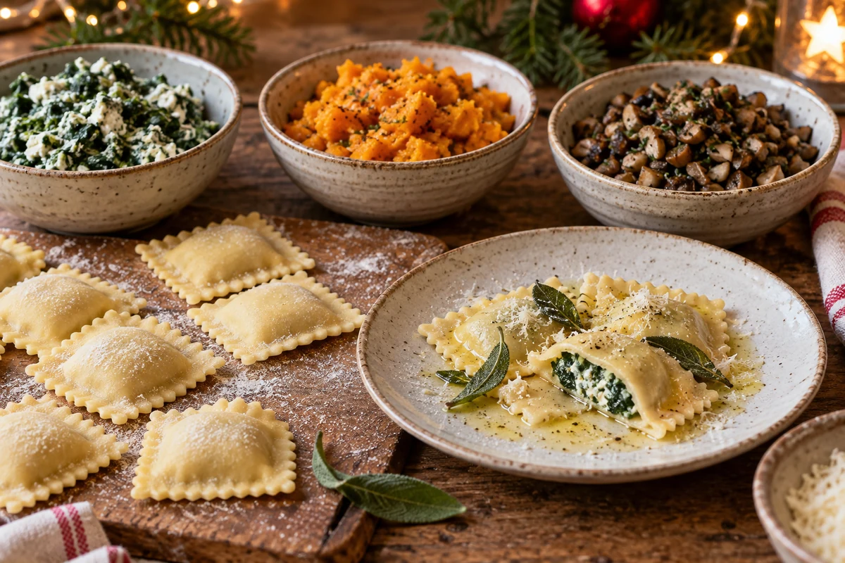 Farces aux épinards, à la courge et aux champignons, avec des raviolis et une assiette garnie Farces aux épinards, à la courge et aux champignons, avec des raviolis et une assiette garnie