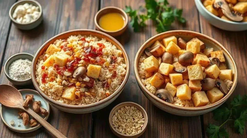 Comparaison d’une farofa garnie et d’une variante aux champignons et au tofu.