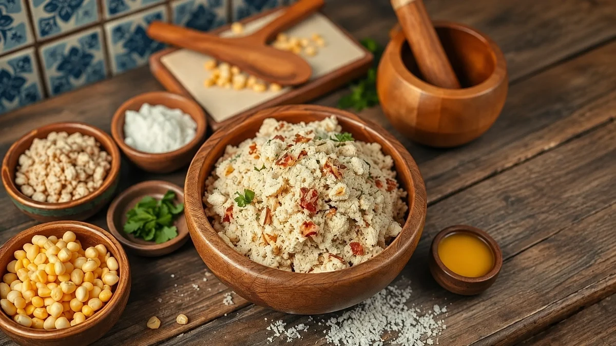 Bol de farofa entouré de maïs, de farine, d’herbes et d’huile sur une table en bois avec un mortier