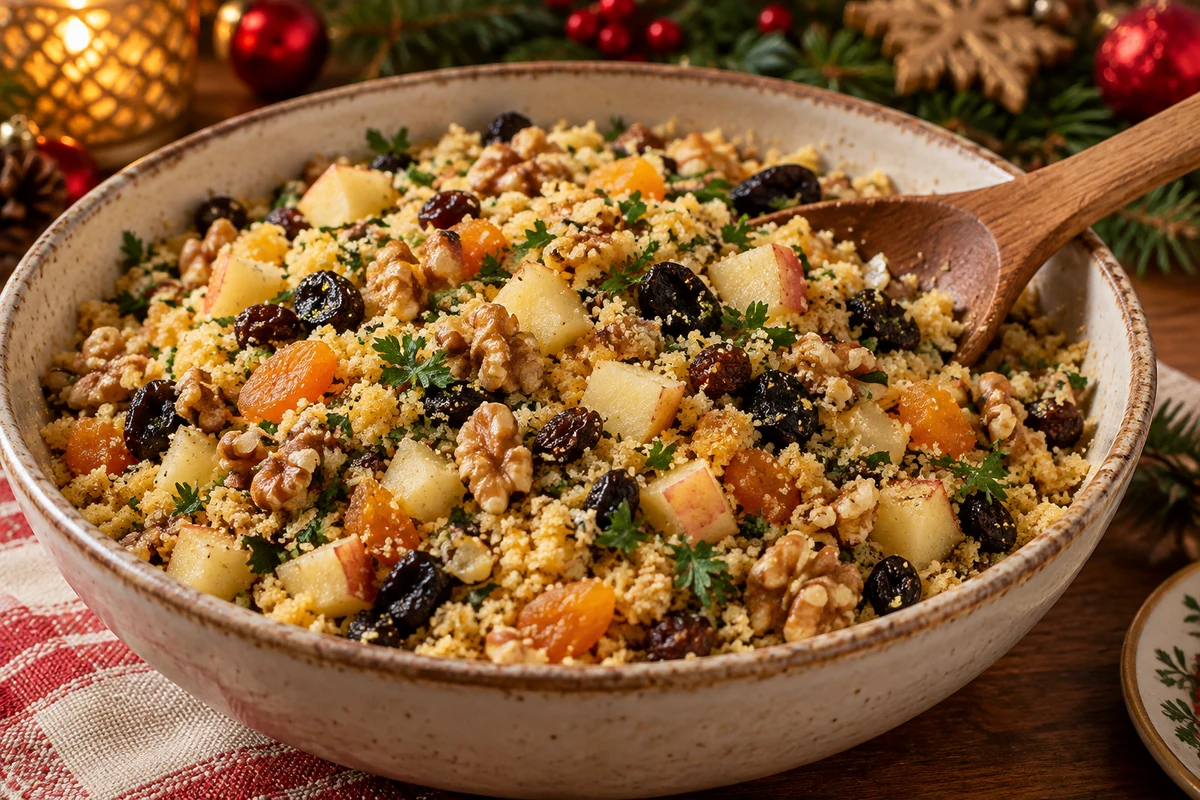 Farofa aux morceaux de pomme, fruits secs, noix et herbes dans un saladier Farofa aux morceaux de pomme, fruits secs, noix et herbes dans un saladier