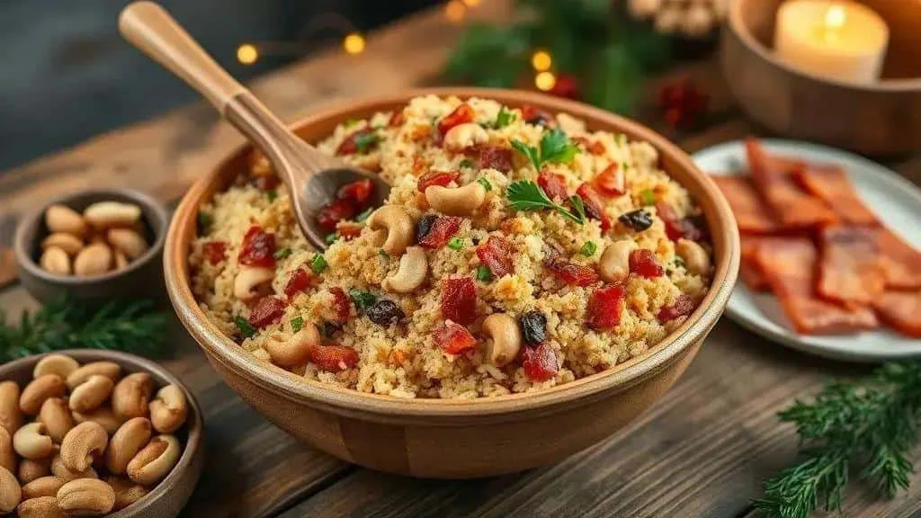Farofa dorée au bacon, aux noix de cajou et aux herbes, présentée dans un saladier.