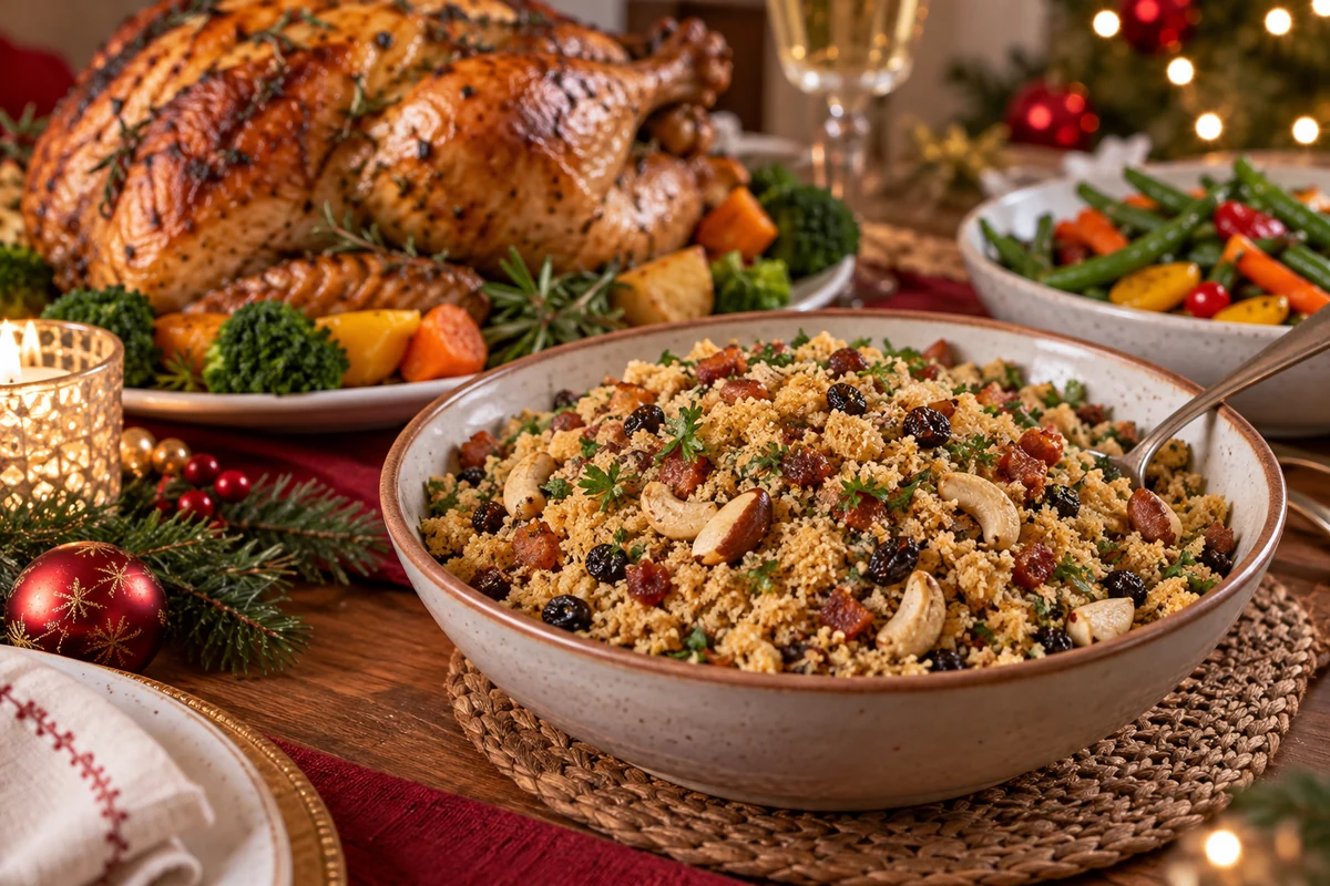 Saladier de farofa aux noix sur une table de fête, avec une volaille rôtie et des légumes Saladier de farofa aux noix sur une table de fête, avec une volaille rôtie et des légumes