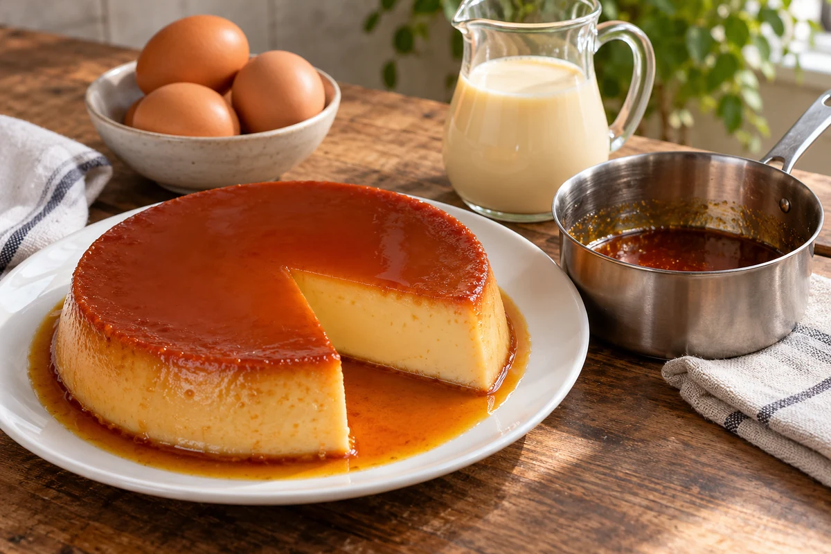 Flan au caramel entamé, avec une casserole de caramel, du lait et des œufs Flan au caramel entamé, avec une casserole de caramel, du lait et des œufs