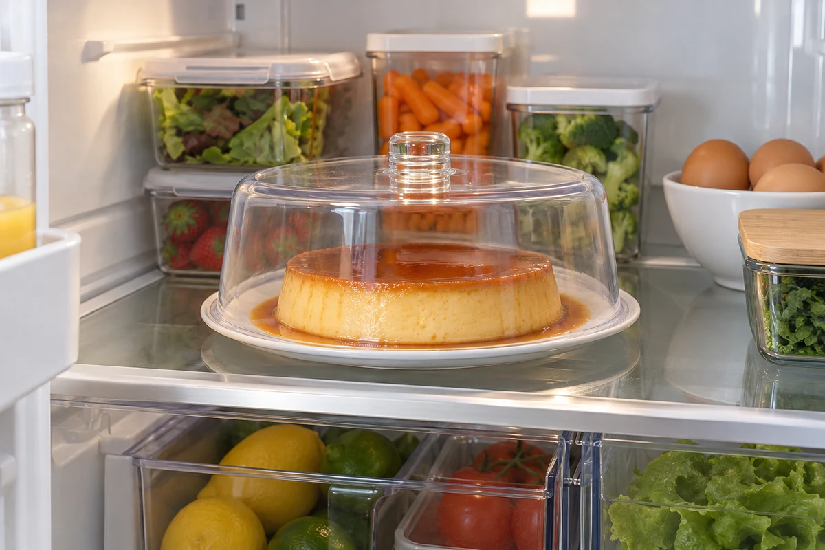 Flan au caramel sous une cloche transparente sur une étagère du réfrigérateur Flan au caramel sous une cloche transparente sur une étagère du réfrigérateur