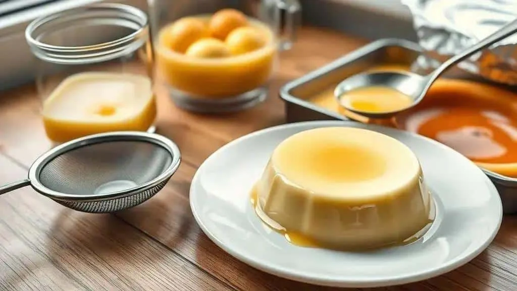 Présentation illustrative d’un flan à surface lisse, près d’une passoire et d’un plat Présentation illustrative d’un flan à surface lisse, près d’une passoire et d’un plat