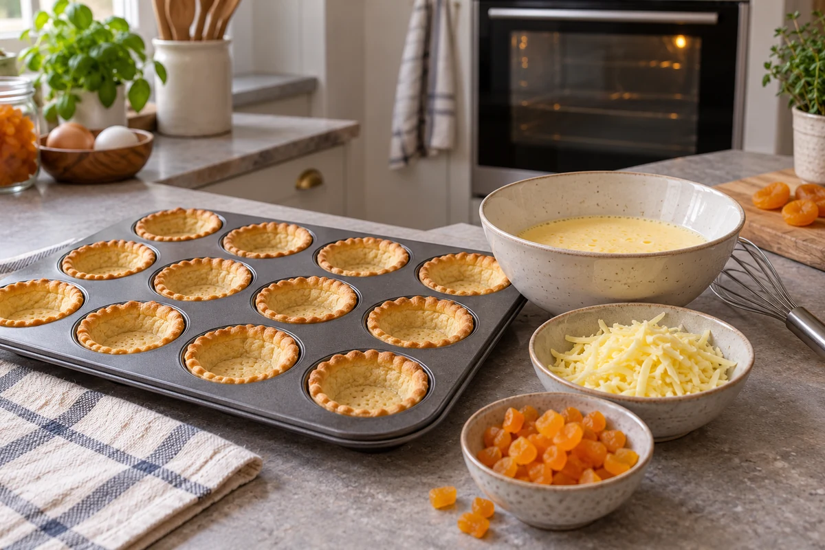 Fonds de pâte précuits, fromage râpé, abricots coupés et mélange aux œufs. Fonds de pâte précuits, fromage râpé, abricots coupés et mélange aux œufs.