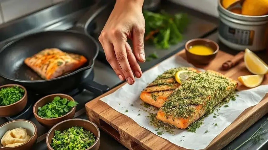 Ajout d’une garniture d’herbes sur des portions de saumon près d’une poêle