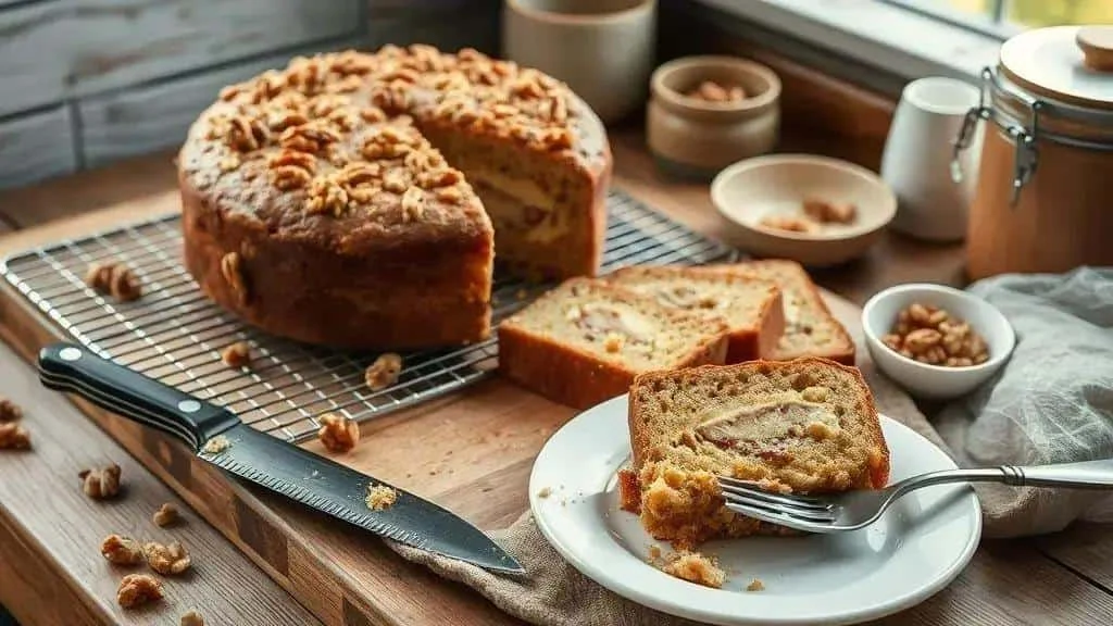 Gâteau aux noix sur une grille et tranches présentées sur une planche et une assiette