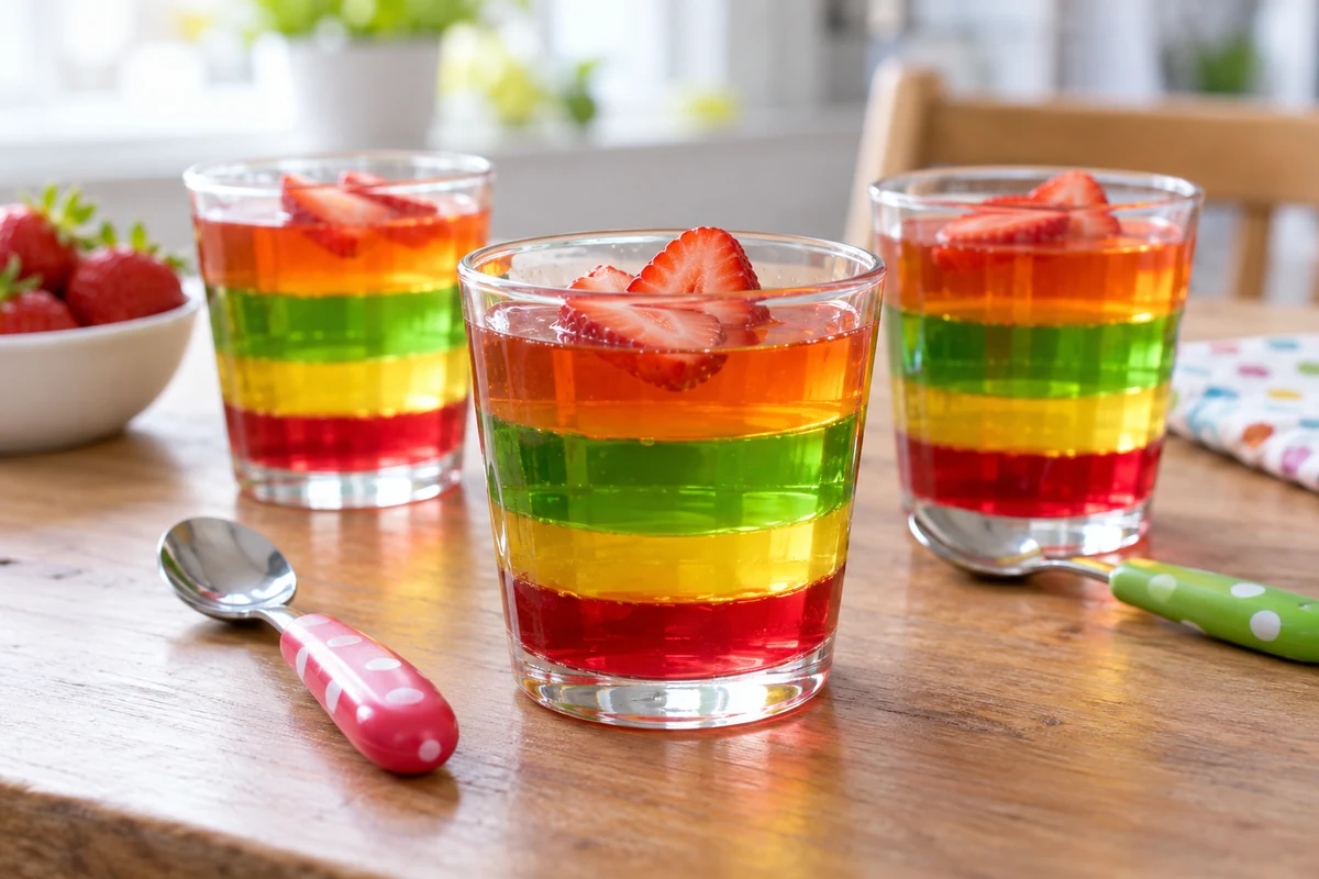 Coupes de fête aux couches de gelée colorée, décorées de fraises