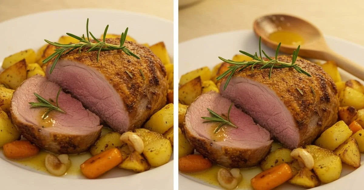 Deux présentations d’agneau rôti tranché avec romarin, pommes de terre dorées et carottes.
