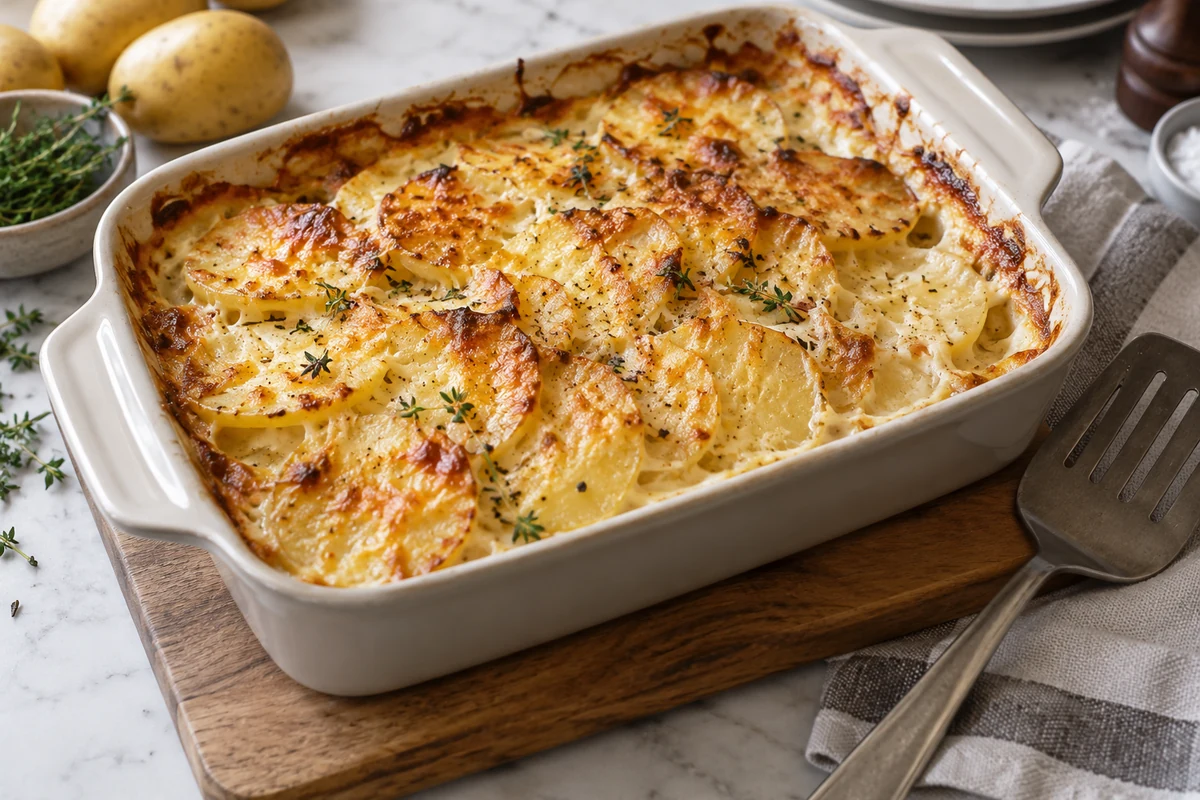 Gratin de pommes de terre doré aux herbes dans un plat blanc Gratin de pommes de terre doré aux herbes dans un plat blanc
