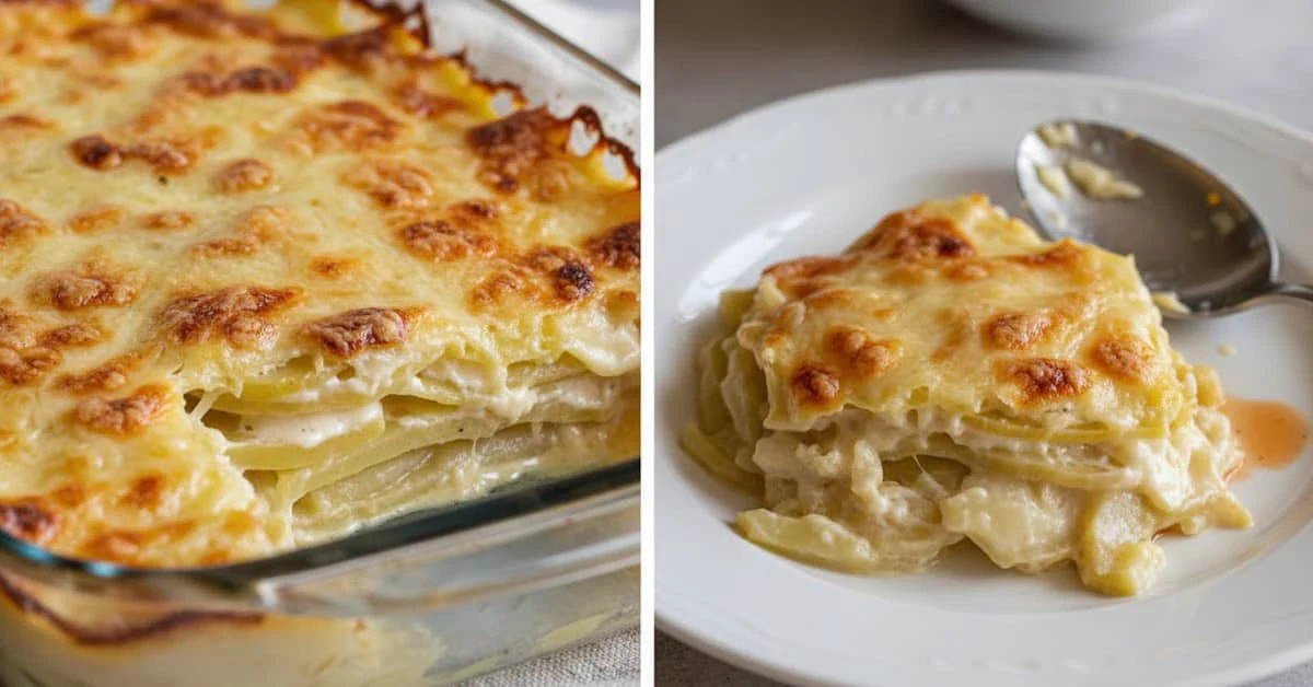Deux vues d’un gratin de pommes de terre doré et d’une portion servie