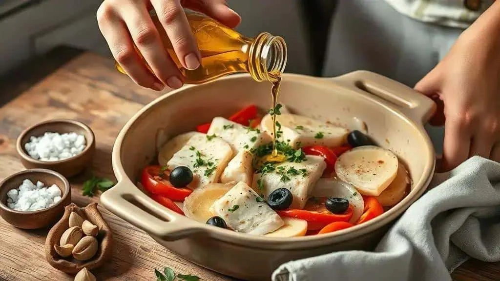 Huile d’olive versée sur un plat de morue, pommes de terre et poivrons