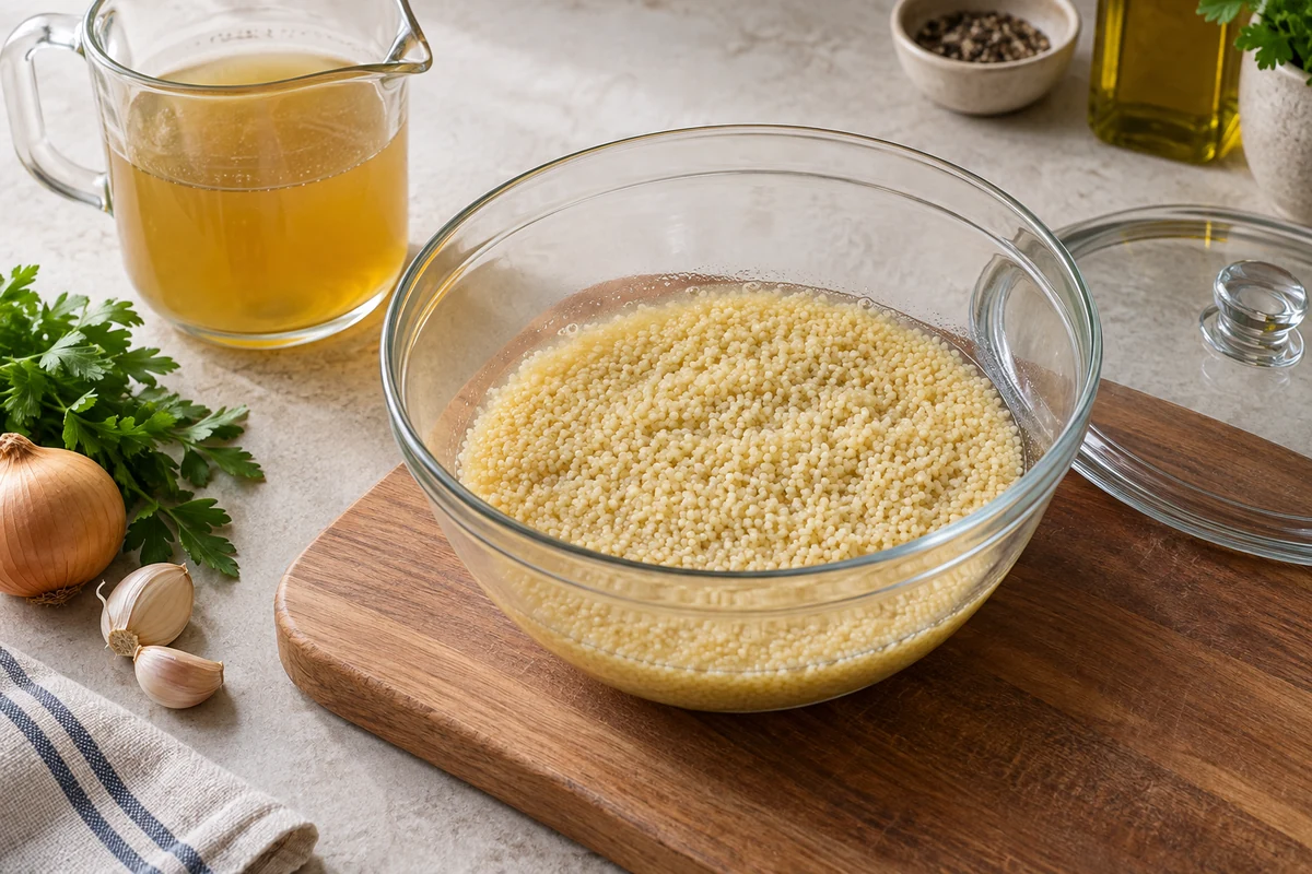 Semoule de couscous en cours d’hydratation dans un saladier en verre résistant à la chaleur