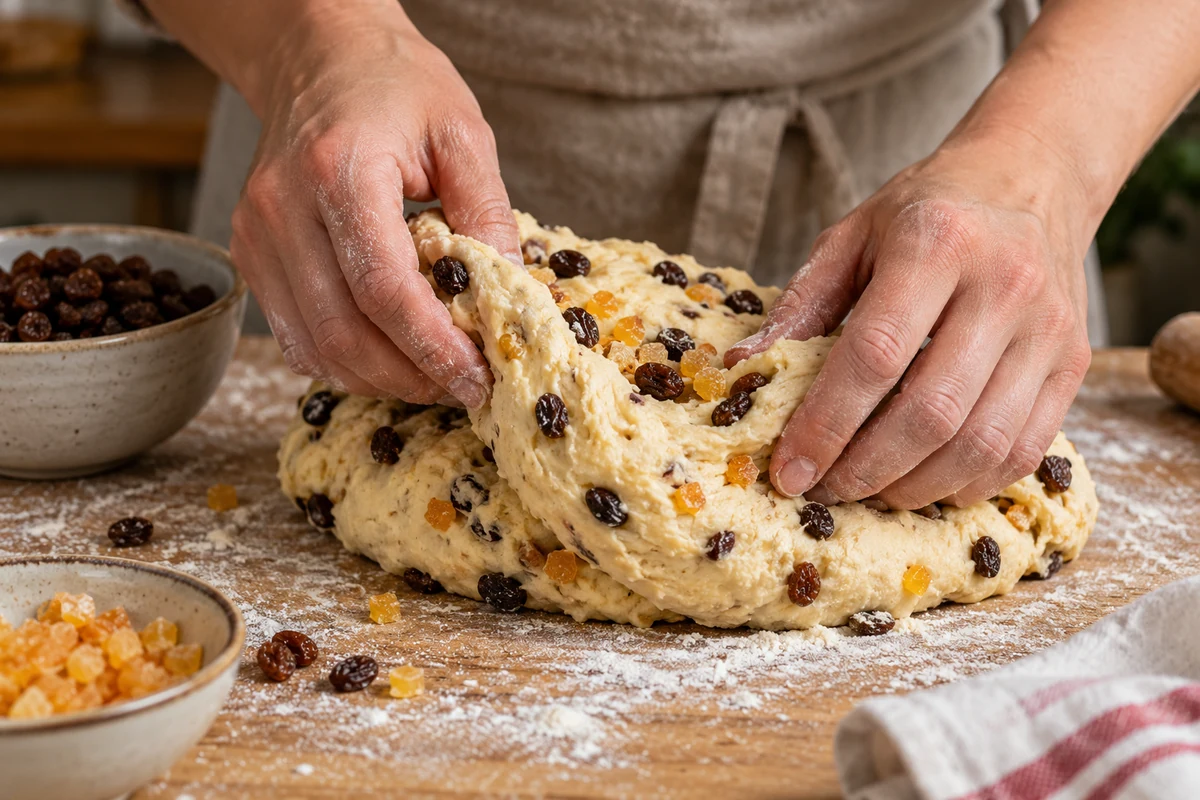 Incorporation des raisins et des fruits confits dans la pâte à stollen