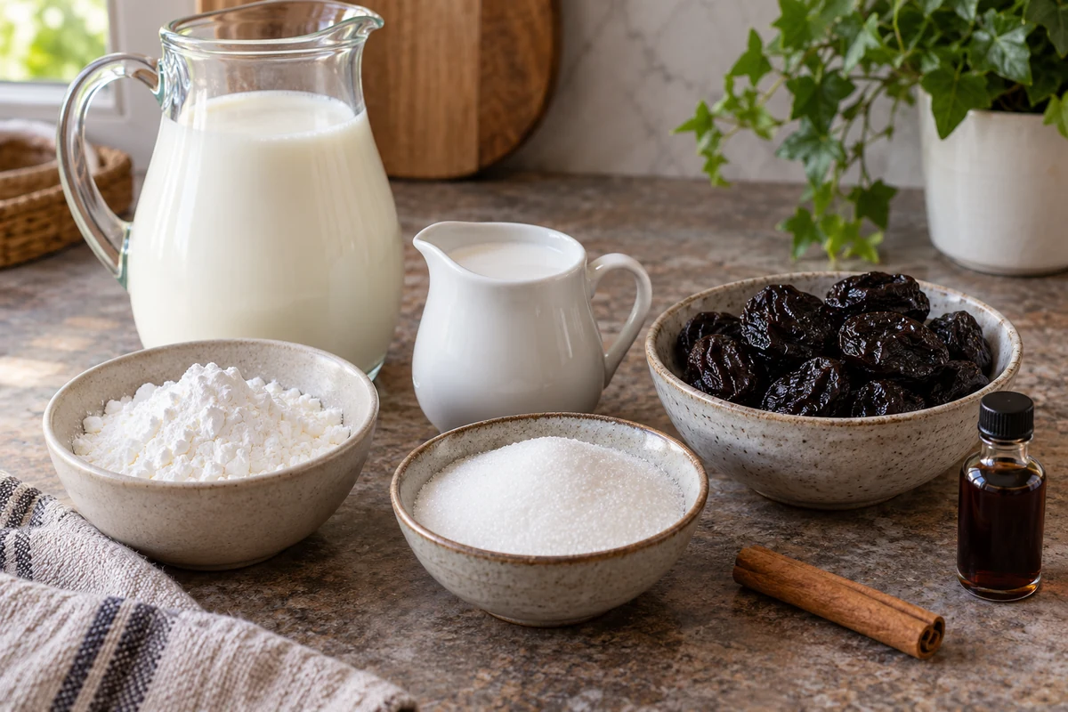 Lait, lait de coco, fécule, sucre et pruneaux disposés sur le plan de travail Lait, lait de coco, fécule, sucre et pruneaux disposés sur le plan de travail