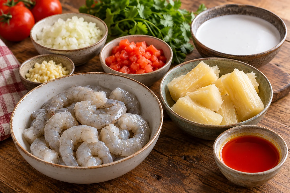 Crevettes crues décortiquées, manioc cuit, lait de coco et aromates pour le bobó Crevettes crues décortiquées, manioc cuit, lait de coco et aromates pour le bobó