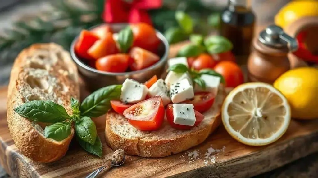 Pain grillé, tomates, fromage frais, basilic et citron pour des bruschettas