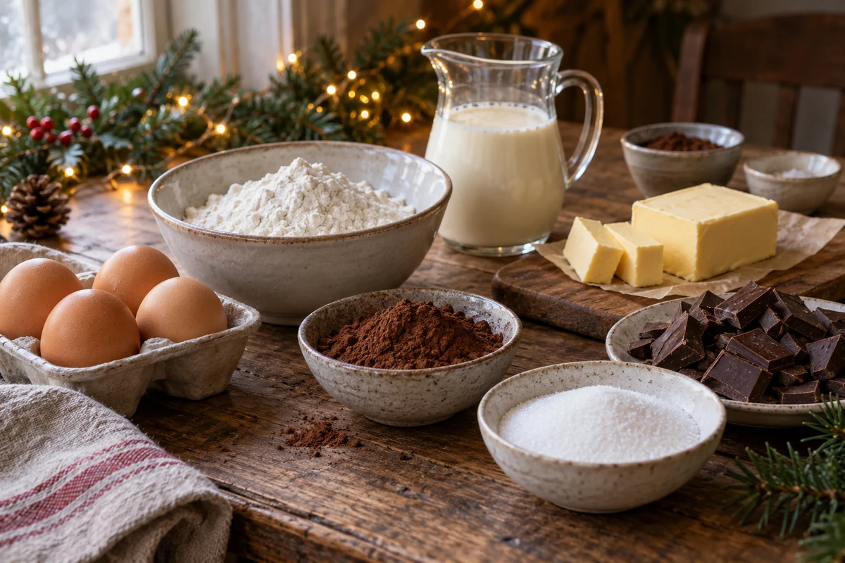 Œufs, farine, cacao, sucre, beurre, chocolat et crème disposés pour préparer une bûche Œufs, farine, cacao, sucre, beurre, chocolat et crème disposés pour préparer une bûche
