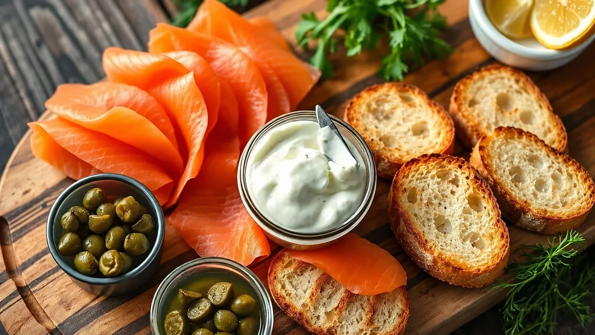 Saumon fumé, fromage frais, câpres, citron et tranches de pain pour des canapés