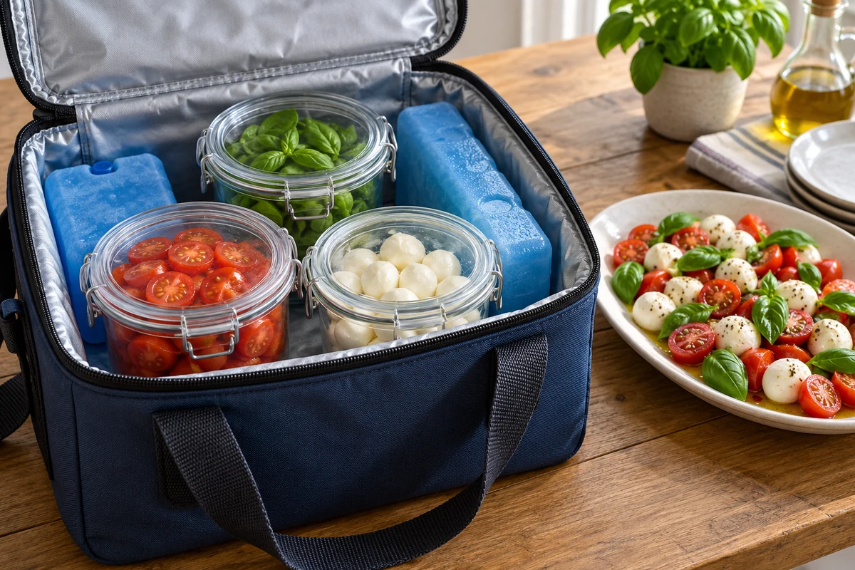 Tomates, mozzarella et basilic dans des bocaux fermés, placés dans un sac isotherme avec des pains de glace.