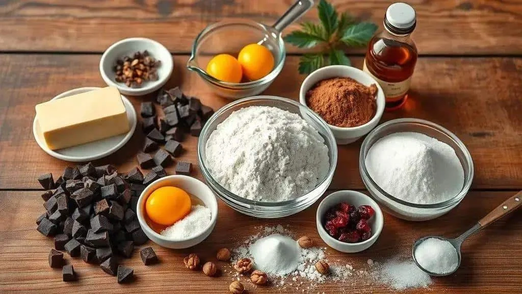 Chocolat, beurre, farine, œufs et sucre pour préparer des brownies de Noël Chocolat, beurre, farine, œufs et sucre pour préparer des brownies de Noël