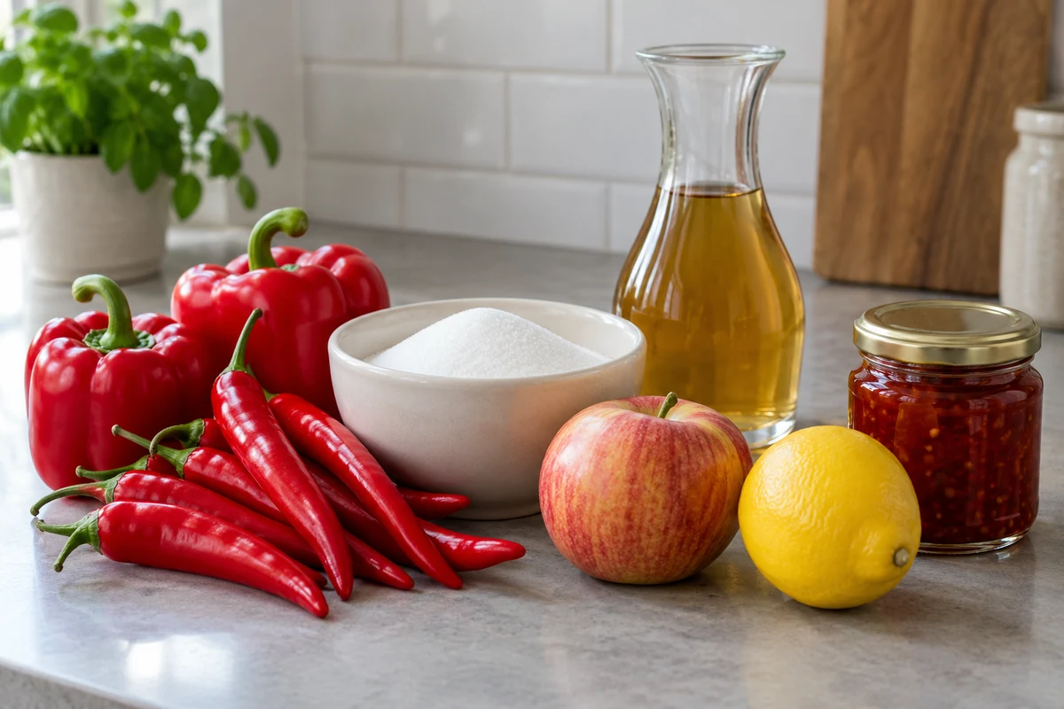 Poivrons rouges, piments, pomme, citron, sucre et vinaigre pour une préparation aigre-douce Poivrons rouges, piments, pomme, citron, sucre et vinaigre pour une préparation aigre-douce