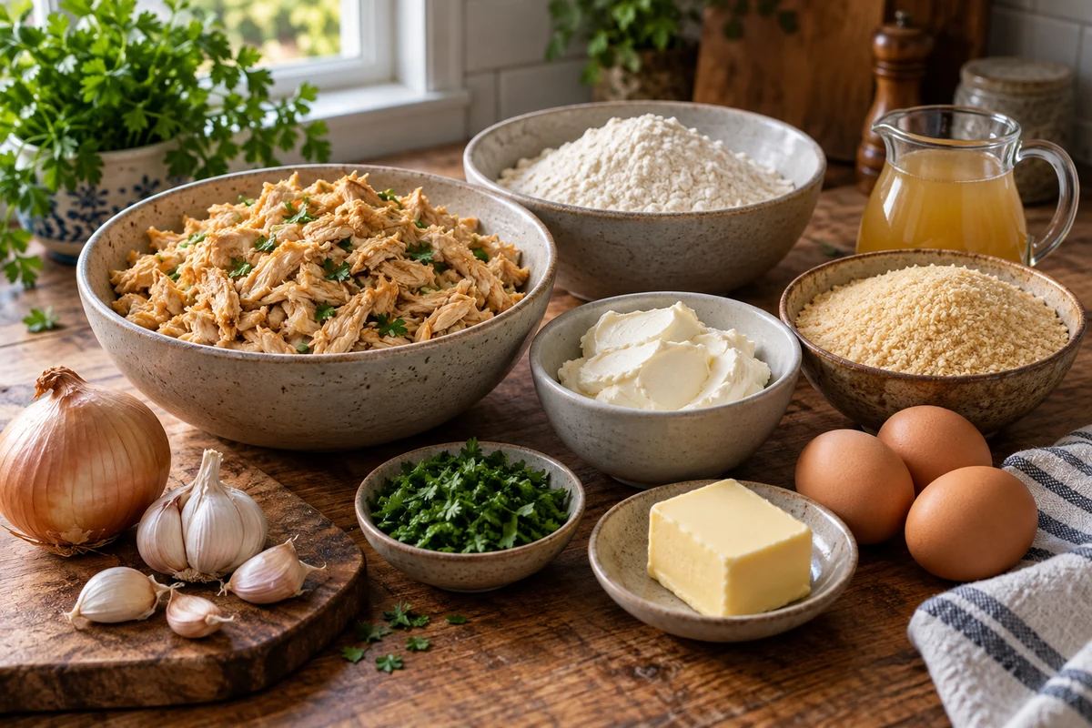 Poulet effiloché, farine, bouillon, fromage frais et ingrédients pour des coxinhas ; quantités illustratives.