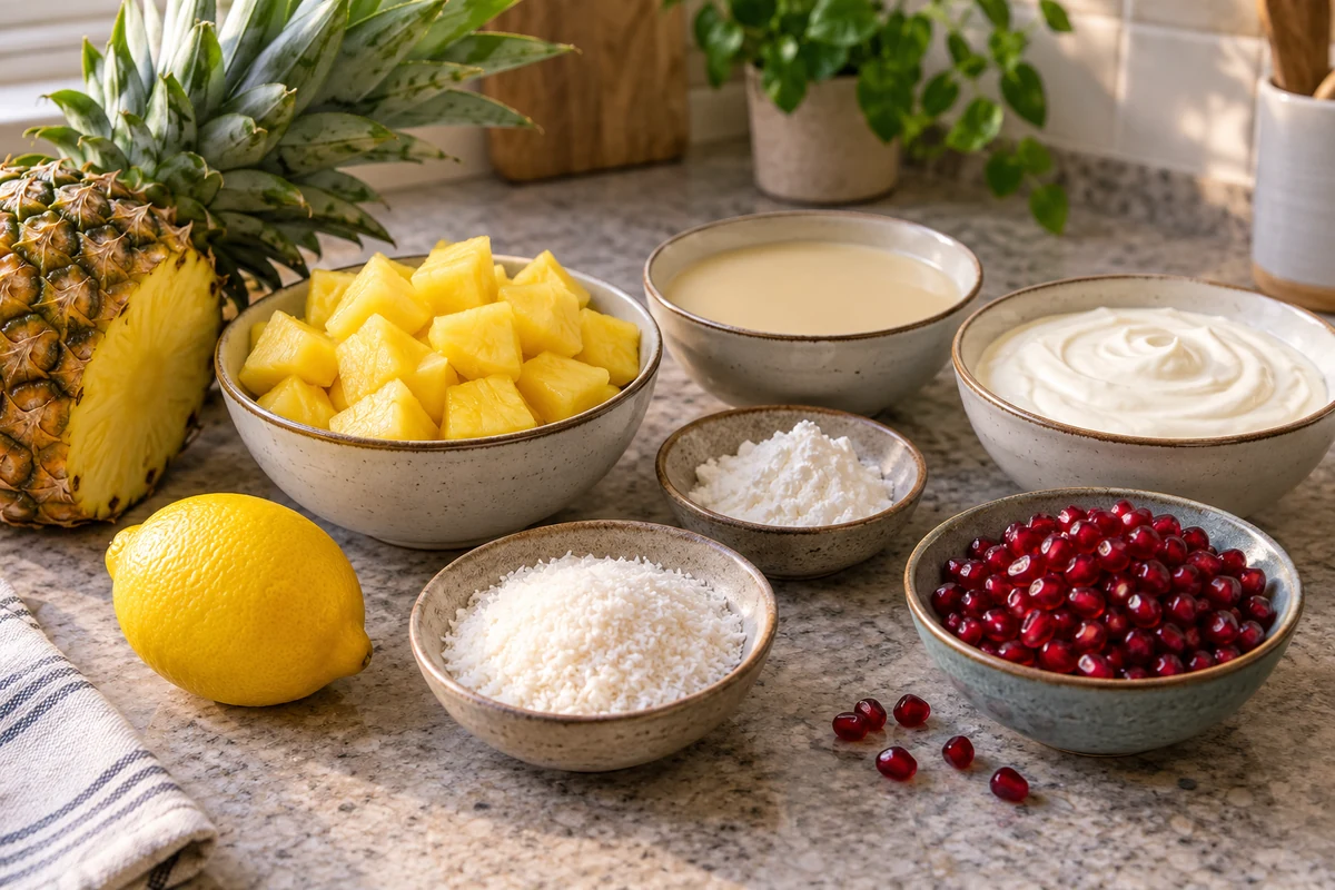 Ananas en dés, crème, noix de coco et grenade dans des bols, avec un citron.