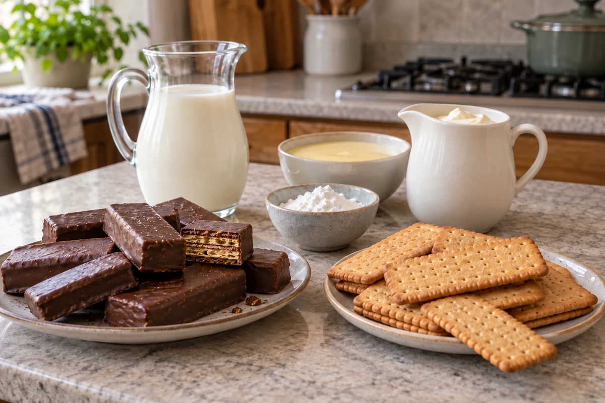 Lait, crème, fécule, biscuits secs et gaufrettes enrobées disposés sur un plan de travail