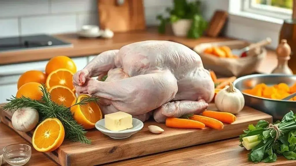 Dinde crue avec oranges, herbes, beurre et légumes destinés à la cuisson Dinde crue avec oranges, herbes, beurre et légumes destinés à la cuisson