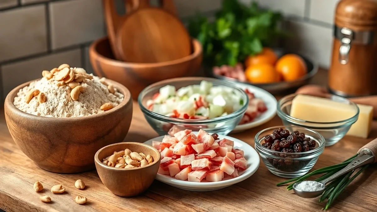 Farine de manioc, bacon cru dans son assiette, raisins séparés, fruits à coque, beurre et aromates.