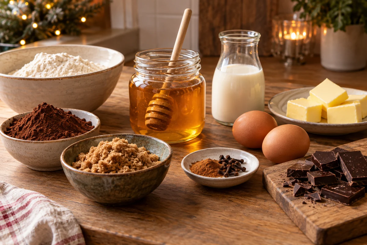 Farine, miel, cacao, sucre roux, lait, beurre et œufs pour les pão de mel