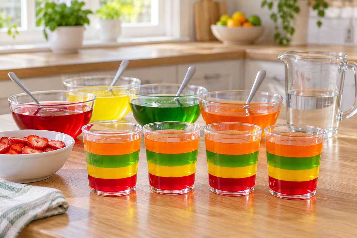 Préparations colorées, eau et fruits pour des coupes de gelée