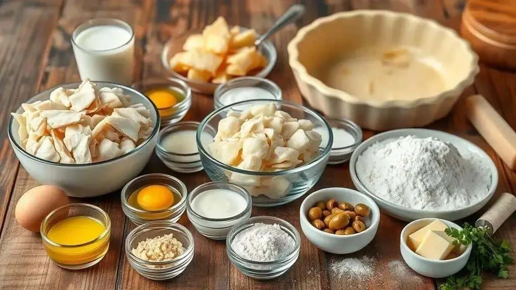 Morue, pommes de terre, olives et ingrédients disposés pour préparer une tourte salée