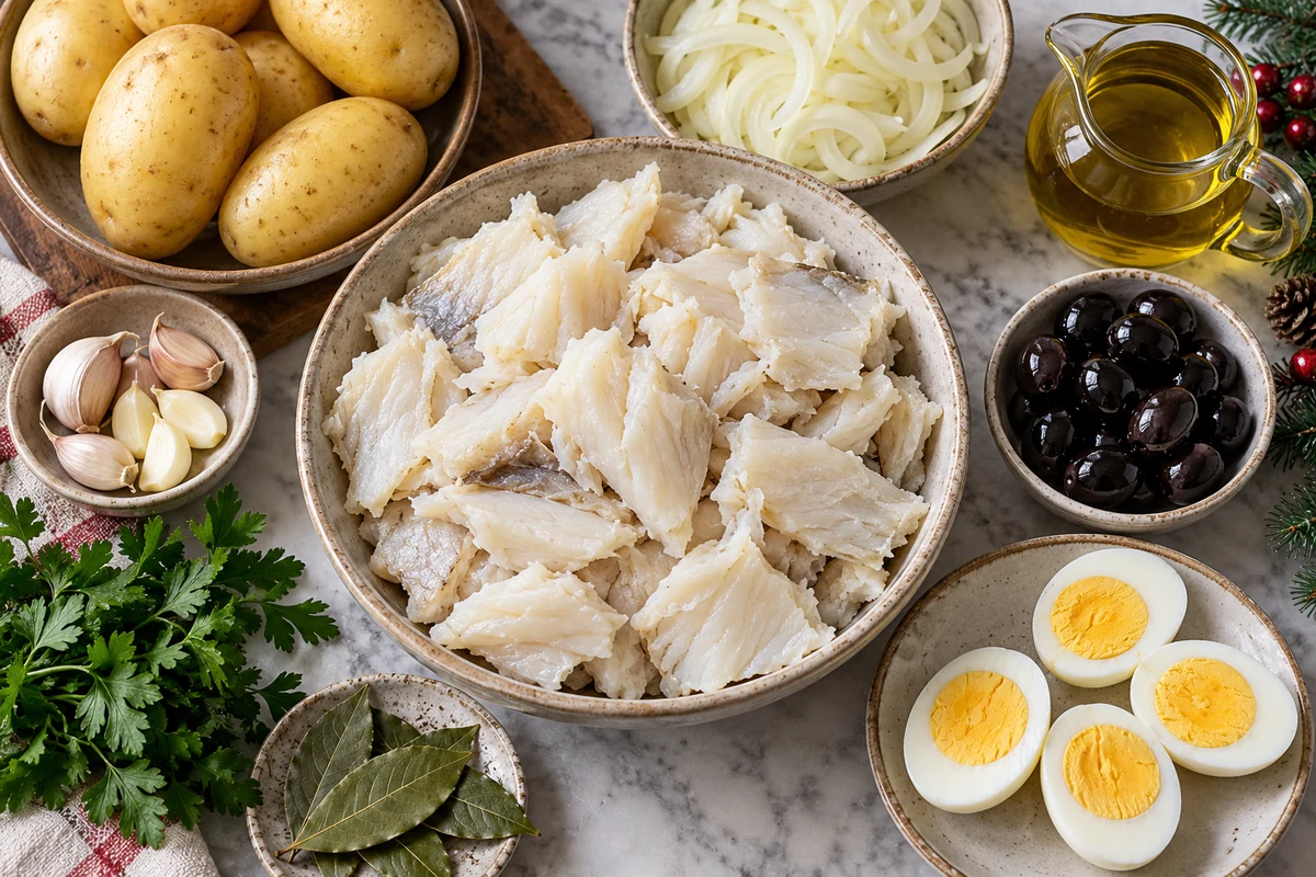 Morceaux de morue, pommes de terre, oignons, ail, œufs durs, olives et huile d’olive