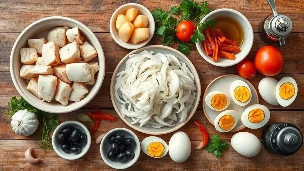 Morue, pommes de terre, tomates, poivrons, olives et œufs pour une bacalhoada