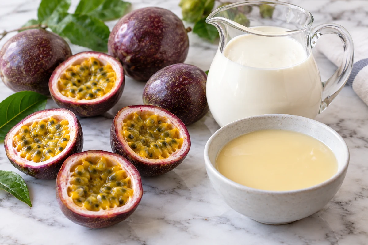 Fruits de la passion pourpres, lait concentré sucré et crème pour préparer la mousse