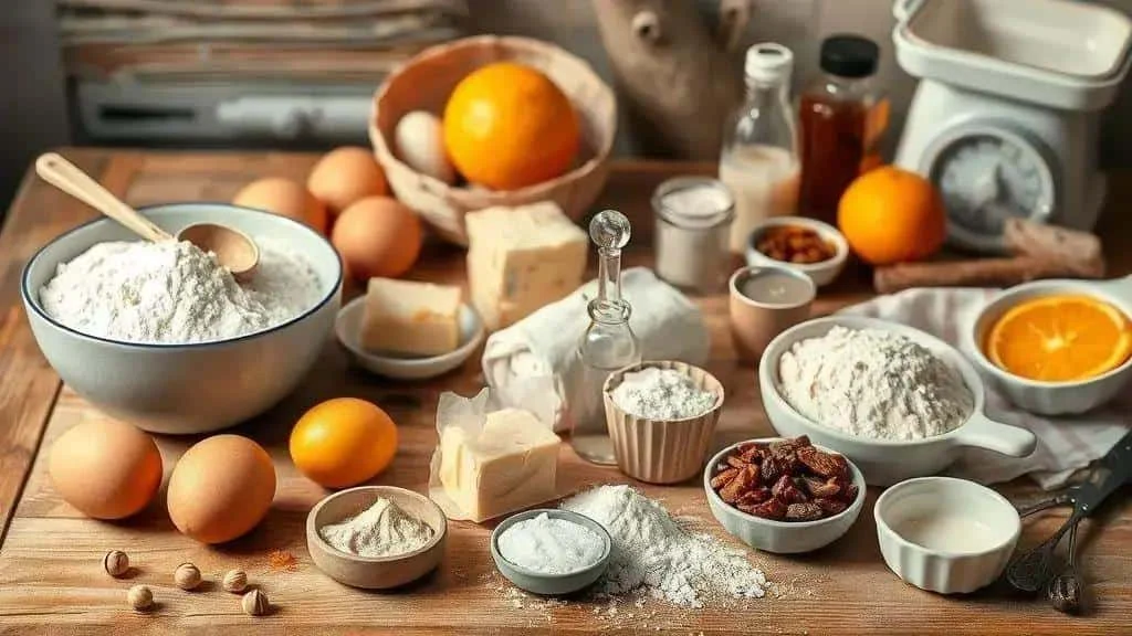 Farine, œufs, beurre, raisins secs et agrumes sur un plan de travail ; présentation illustrative des ingrédients, sans correspondance avec les quantités pesées.