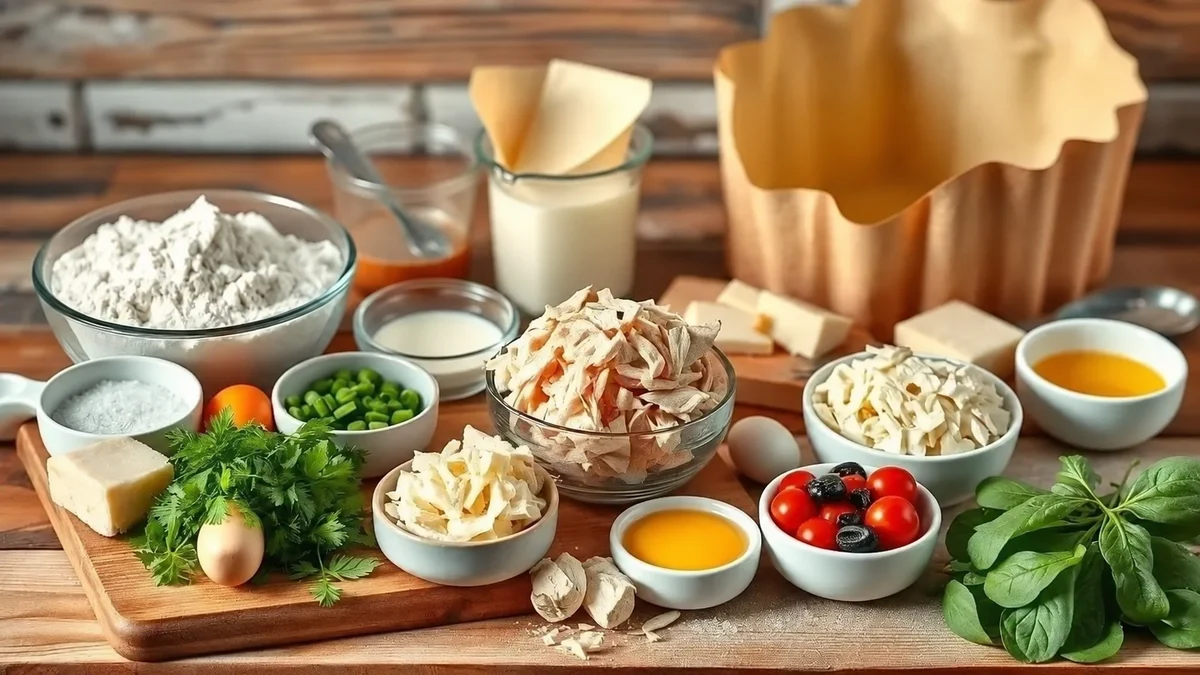 Farine, œufs, poulet effiloché, fromages et herbes pour préparer un panettone salé