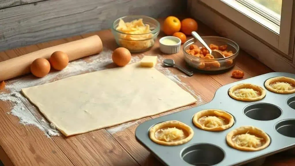 Pâte, œufs, fromage et abricots à côté d’un moule à mini-quiches garni. Pâte, œufs, fromage et abricots à côté d’un moule à mini-quiches garni.