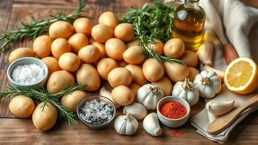 Pommes de terre, romarin, ail, citron et huile d’olive prêts pour la recette