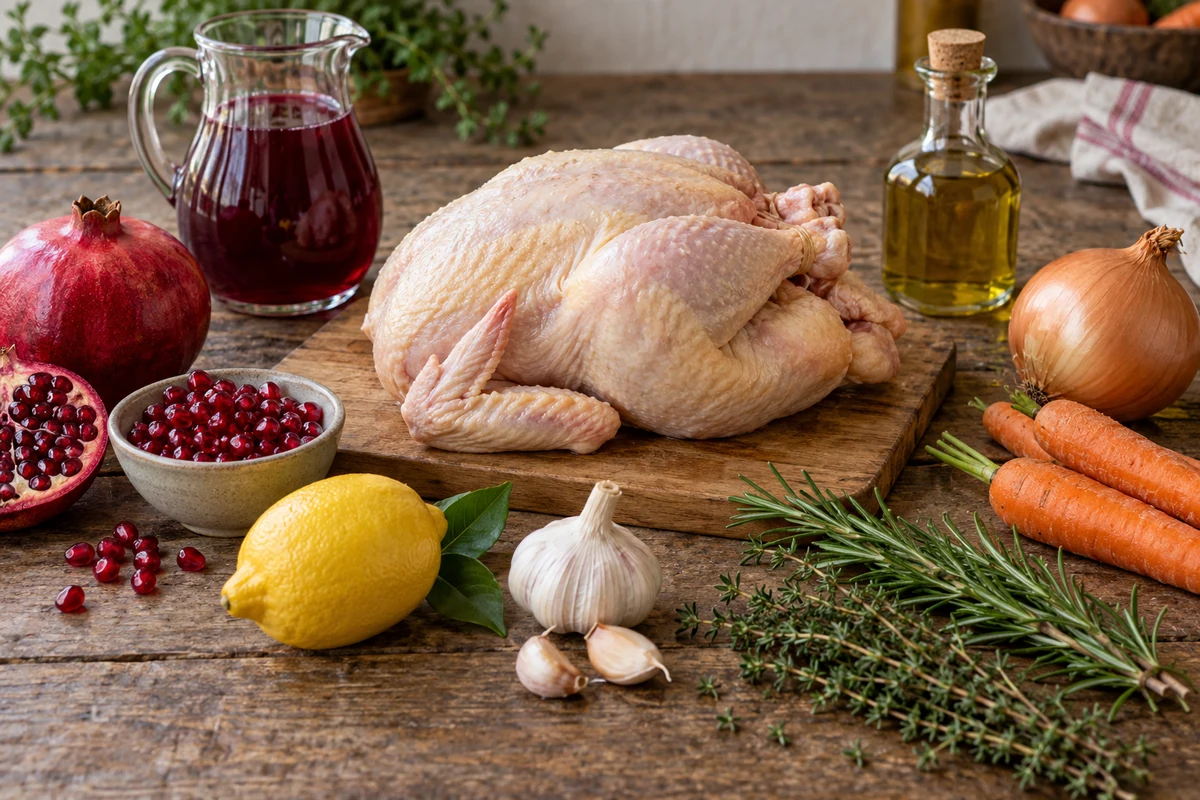 Poulet entier, grenade, jus, citron, ail, herbes et légumes pour la préparation