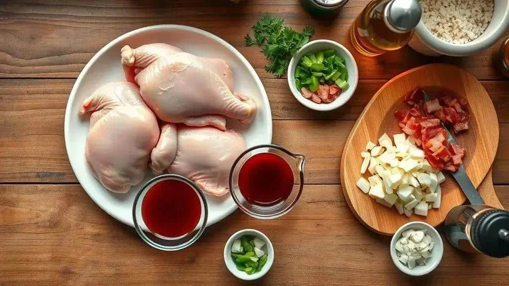 Morceaux de poulet cru, riz, oignon, lardons, coriandre et ingrédients de la sauce à la cabidela