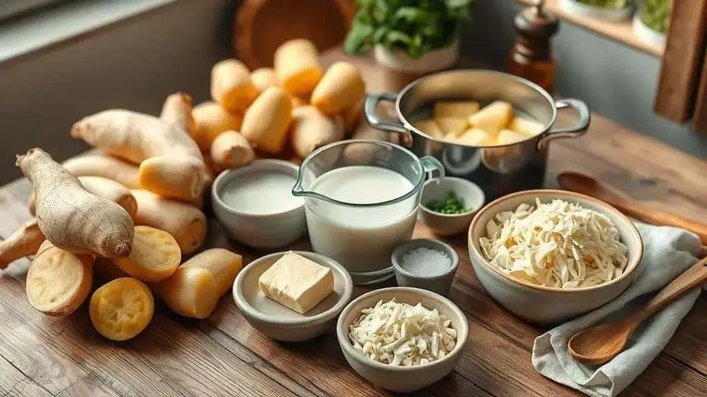 Racines entières et coupées, lait, beurre et fromage râpé pour préparer une purée