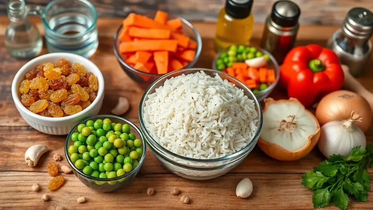 Riz à grains longs, carottes, petits pois, poivron, aromates et raisins secs pour l’arroz à grega.
